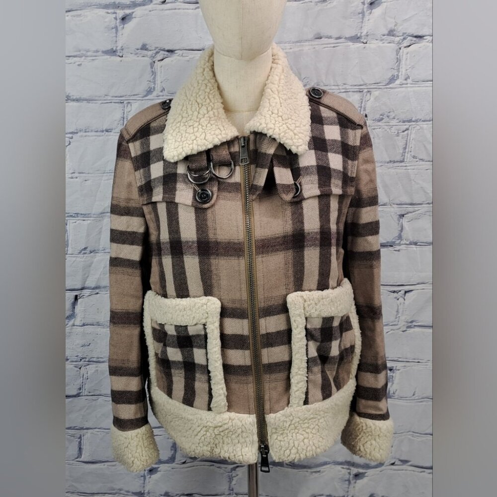Burberry Brit Women's Wool Jacket Nova Check Faux Shearling Winter Bomber 6 US